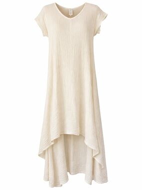 Cotton Flower Gauze High-Low Dress Boho Lagenlook Cottagecore Neutral